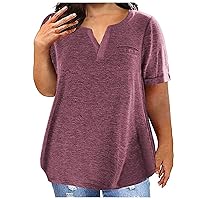 Womens Plus Size Tops Henley Casual Shirts Pocket Short Sleeve Solid Color Dressy Blouses V Neck Summer Clothes