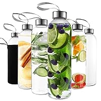18oz Glass Water Bottles – Pack of 6 Nylon Protective Sleeves, Airtight Screw Top Lids, Portable Carrying Loops - Lead, PVC and BPA Free - Water, Milk, Smoothie, Juice Beverage Glasses