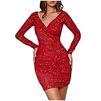 Womens Mesh Long Sleeve Mini Dress Glitter Wrap Ruched V Neck Bodycon Slim Fit Cocktail Party Club Dresses