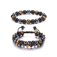 Jovivi Bundle - 2 Items Tiger Eye 10mm Natural Round Gemstone Beads Bracelet + Hematite Black Obsidian Tiger Eye Stone Bracelets for Men Women