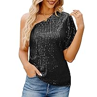 JASAMBAC Sparkle Sequin Tops for Women One Shoulder Sexy Shiny Bling Camisole for Glitter Party