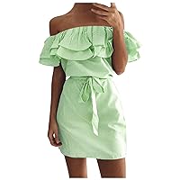 Women's Casual Dress Off Shoulders Backless Flower Printed Mini Dress Summer Sundress Daily Wear Streetwear(2-Green,10) 0845