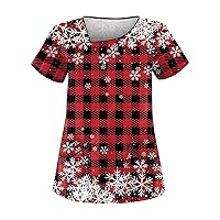 Women's Large Size Printed Work Uniform Top V Neck Short Sleeve Pullover Christmas T-Shirt Work Wear, S-4XL