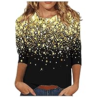 3/4 Sleeve Tops for Women 2024 Fall Trendy Shimmer Glitter Tee Shirts Cute Casual T Shirt Loose Fit Crew Neck Blouses