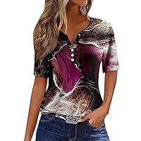 Blouses for Women Fashion Graphic Tops V Neck Button Down Short Sleeve T-Shirts Spring Lightweight Casual Tees Tunic