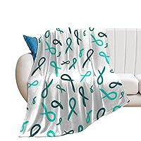 Teal Ribbon Painted Ovarian Cancer Printed Throw Blanket Soft Lightweight Luxury Flannel Bedding 40