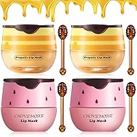 4PCS Strawberry & Bee Lip Balm Honey Pot, Vitamin E Moisturizing Propolis Sleeping Lip Mask, Effective Reduces Lip Lines Prevention Dry and Cracked Lip Scrubs Exfoliator Smoothing Dry Lip Care