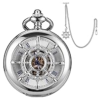 SIBOSUN Pocket Watch Mechanical Pocket Watch Hollow Rudder Case Skeleton Steampunk Hand Wind Pocket Watches for Men Double Cover Roman Numeral Dial Pocket Watch Antique Vintage
