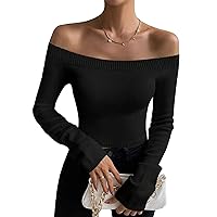 SweatyRocks Women's Off The Shoulder Ribbed Knit Top Long Sleeve Slim Fit Crop Pullover Sweaters