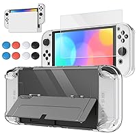 Clear Case Compatible with Nintendo Switch OLED, FYOUNG 3 in 1 Protective Clear Cover Case for Switch OLED and for Joycon Controller with Tempered Glass Screen Protector and 8PCS Thumb Grips