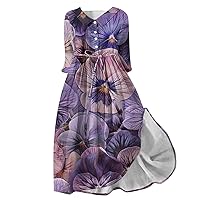 Summer Boho Floral Henley Shirt Dress Women 3/4 Sleeve Lapel Lace-Up Beach Dress Plus Size Casual Loose A-Line Dress