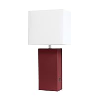 Elegant Designs LT1053-RED Modern Leather USB and White Fabric Shade Table Lamp, Red