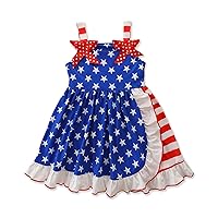 4th of July Toddler Baby Girls Dresses Star Stripes Ruffle Strap Off Shoulder Dresses Patriotic Independence Day Outfit