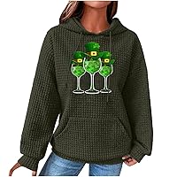 St. Patricks Day Sweatshirt for Women Waffle Hoodies Trendy Shamrock Printed Long Sleeve Sweatshirts with Pockets