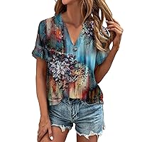 Fathers Day Plus Size Nice Shirt Ladie's Outdoor Short Sleeve Light Button Blouse Women Print V Neck Polyester Blue XL