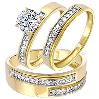 14k Yellow Gold Cubic Zirconia Half Eternity Trio Wedding Ring Set for Women and Men Bead Bright Set sizes 5-13