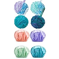 AmazerBath Loofah Sponge 75g/Piece, Shower Caps for Women Reusable Waterproof, 4 Pack Women Shower Caps Reusable EVA Hair Cap for Shower