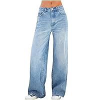 Women Mid Waist Jean Loose Straight Leg Long Pants Fashion Casual Fitted Denim Button Fly Trousers with Pockets