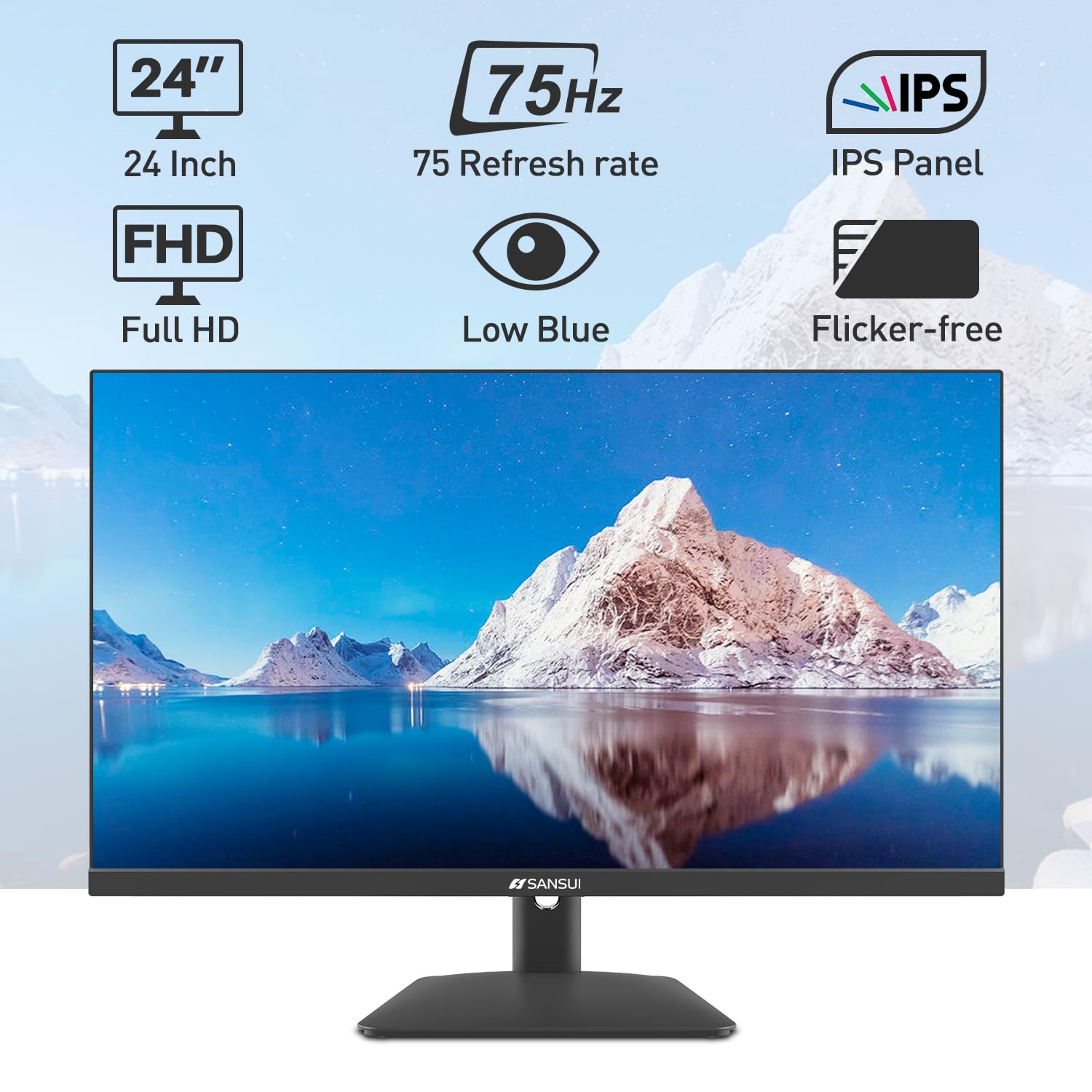 SANSUI Monitor 24 inch IPS FHD 1080P 75HZ HDR10 Computer Monitor with HDMI,VGA,DP Ports Frameless/Eye Care/Ergonomic Tilt/Speakers Built-in(ES-24X5A HDMI Cable Included)