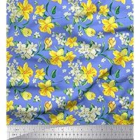 Soimoi Cotton Cambric Blue Fabric - by The Yard - 42 Inch Wide - Damask, White & Yellow Flower Floral Textile - Elegant and Contemporary Fusion for Stylish Creations Printed Fabric
