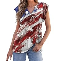 Summer Cocktail Fashion Top Women Short Sleeve Oversize Stretch Tees Cotton Print Fit V Neck Ruffle Tee for Women Red