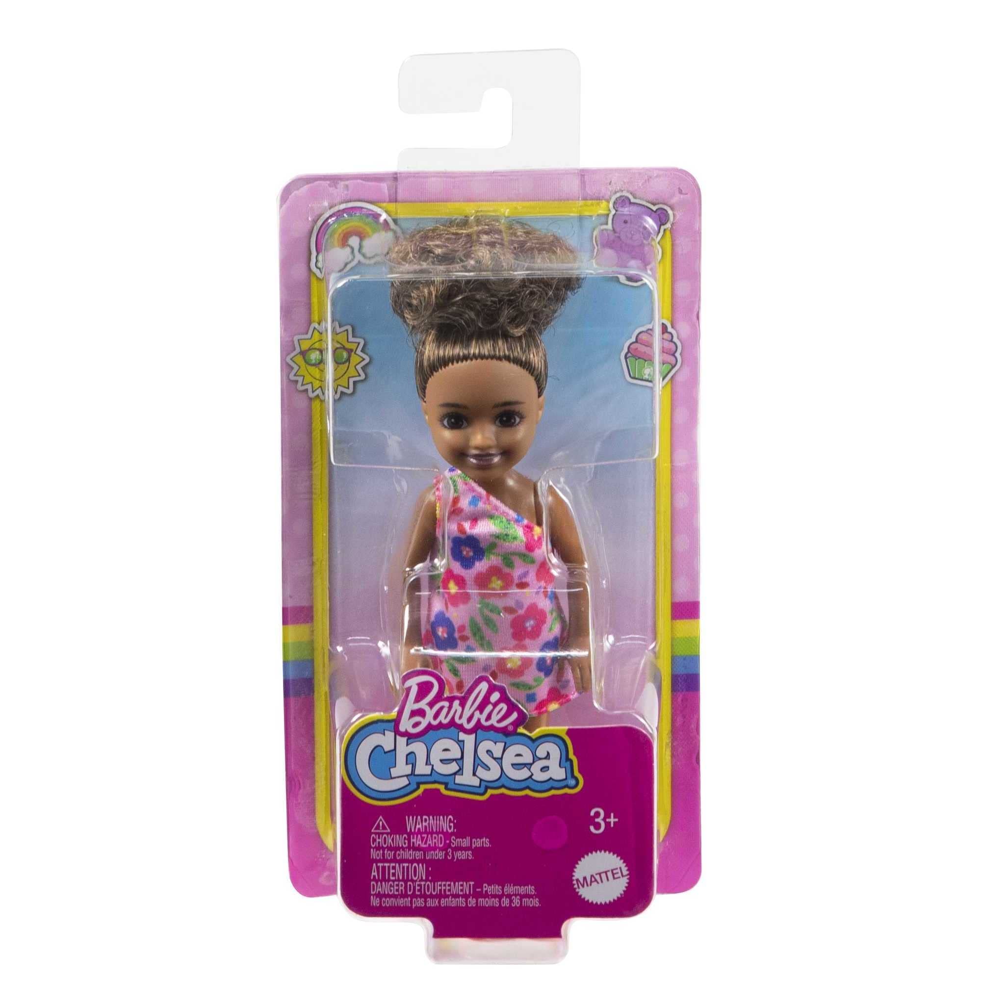 Barbie Chelsea Doll (Brunette Curly Hair) Wearing One-Shoulder Flower-Print Dress and Pink Shoes, Toy for Kids Ages 3 Years Old & Up