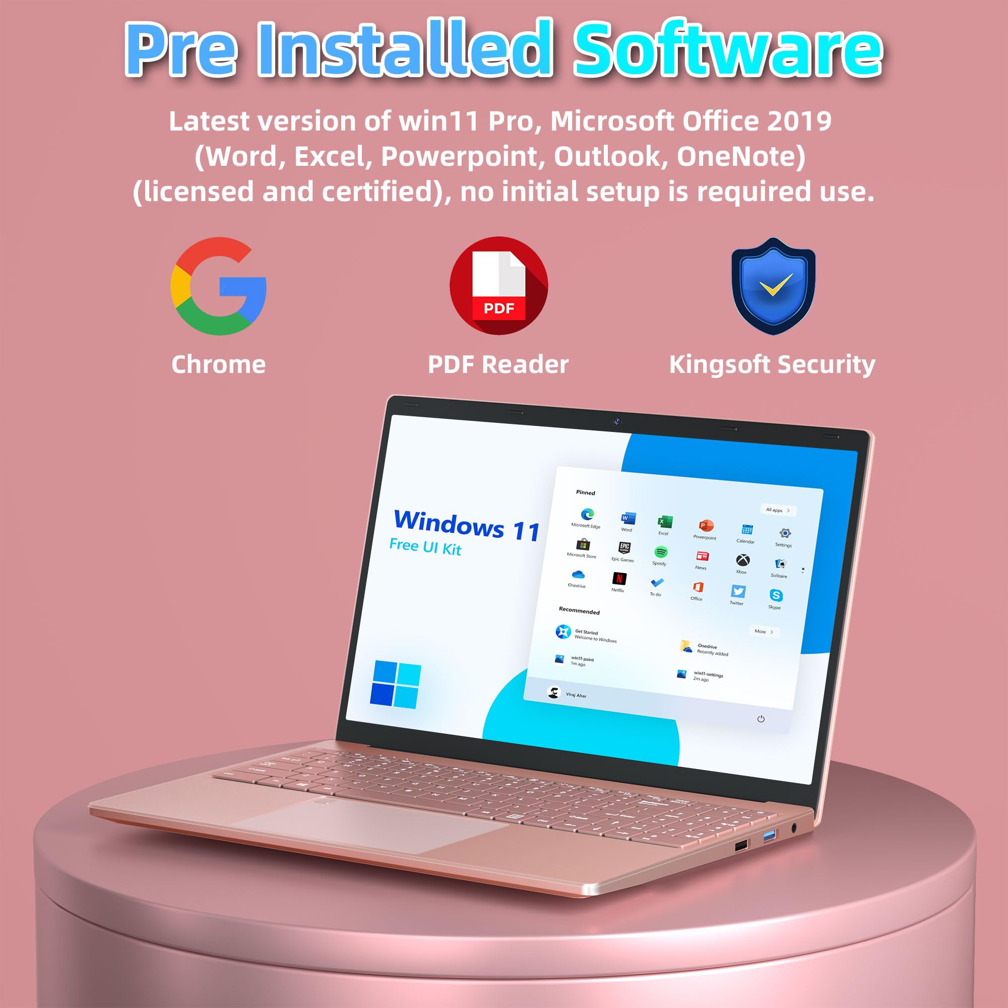 【Win 11 Pro/Office 2019】16 inch Laptop Narrow Bezels FHD (1920*1200) IPS Display, High Performance Celeron N5105 CPU, 16GB RAM, 512GB SSD, with Full Size Numeric Backlit KB, Rose gold (16G+512G SSD)