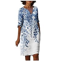 Sweaters for Women Clearance Linen Dress for Women Summer Casual Print Straight Loose Fit Fashion with Half Sleeve V Neck Knee Dresses Blue 3X-Large