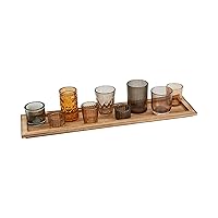 Wood Tray with 9 Brown Glass Votive Holders (Set of 10 Pieces)