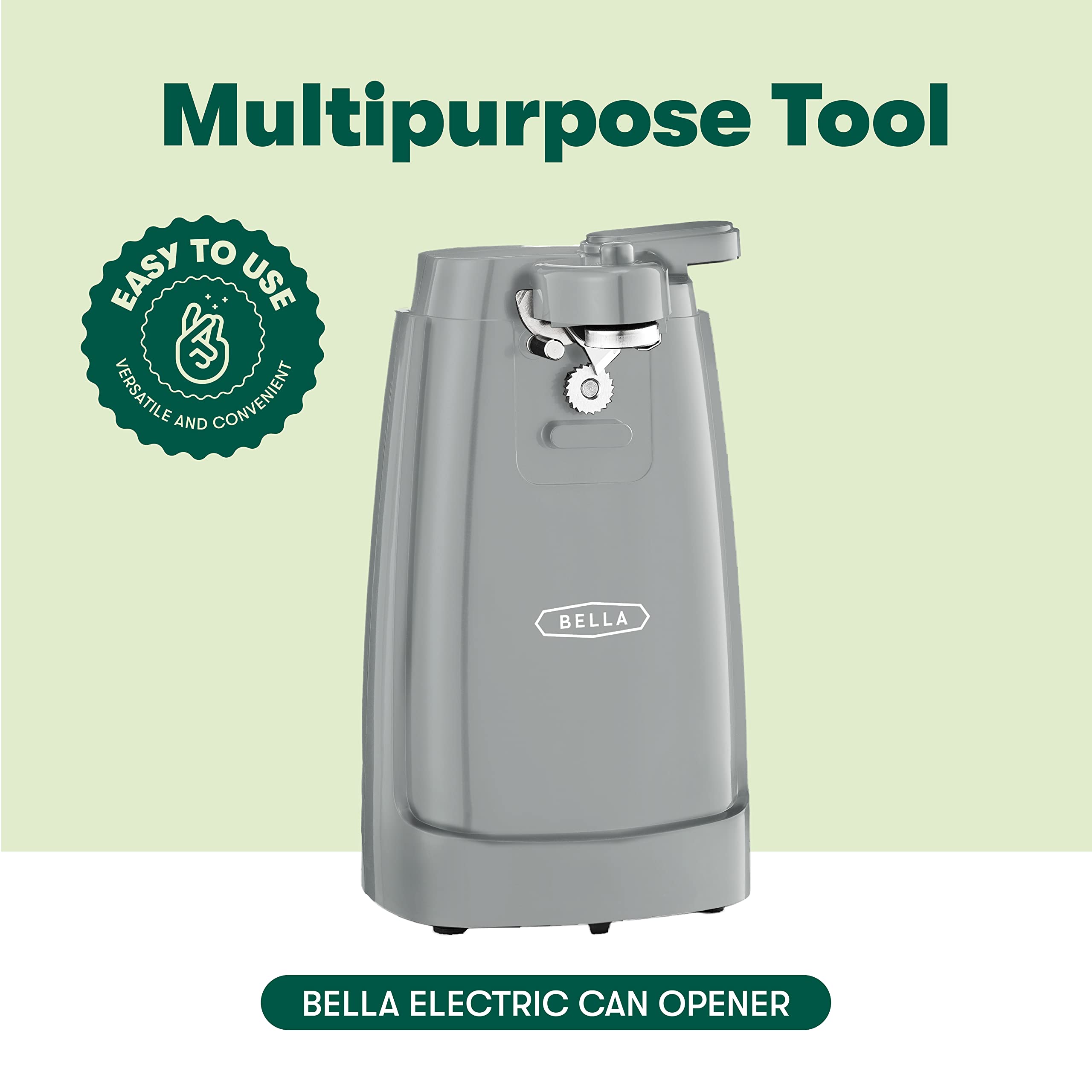 BELLA Electric Can Opener and Knife Sharpener, Multifunctional Jar and Bottle Opener with Removable Cutting Lever and Cord Storage, Stainless Steel Blade, Gray