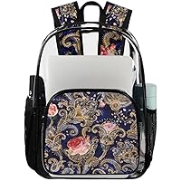 Paisley Dark Blue Clear Backpack Heavy Duty Transparent Bookbag for Women Men See Through PVC Backpack for Security, Work, Sports, Stadium
