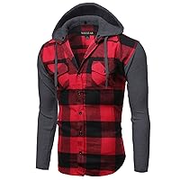 Plaid Checkered Detachable Hoodie Color Contrast Flanel Shirt Red Black Size S