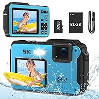 Underwater Camera 5K, 16FT Waterproof Digital Camera with 32GB Card, 64MP WiFi 16X Digital Zoom Underwater Camera for Snorkeling, Dual-Screen Selfie Travel Compact Water Digital Camera (Blue)
