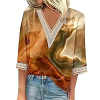 Workout Tops for Women, Women's Blouse Casual Loose 3/4 Sleeve Lace Trims Print V Neck Print Tops T-Shirts