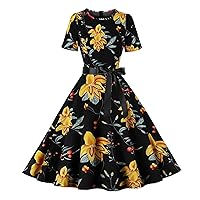 Women's Cocktail Dresses Fashion Casual Slim Fit Printed Round Neck with Belt Short Sleeve Dress