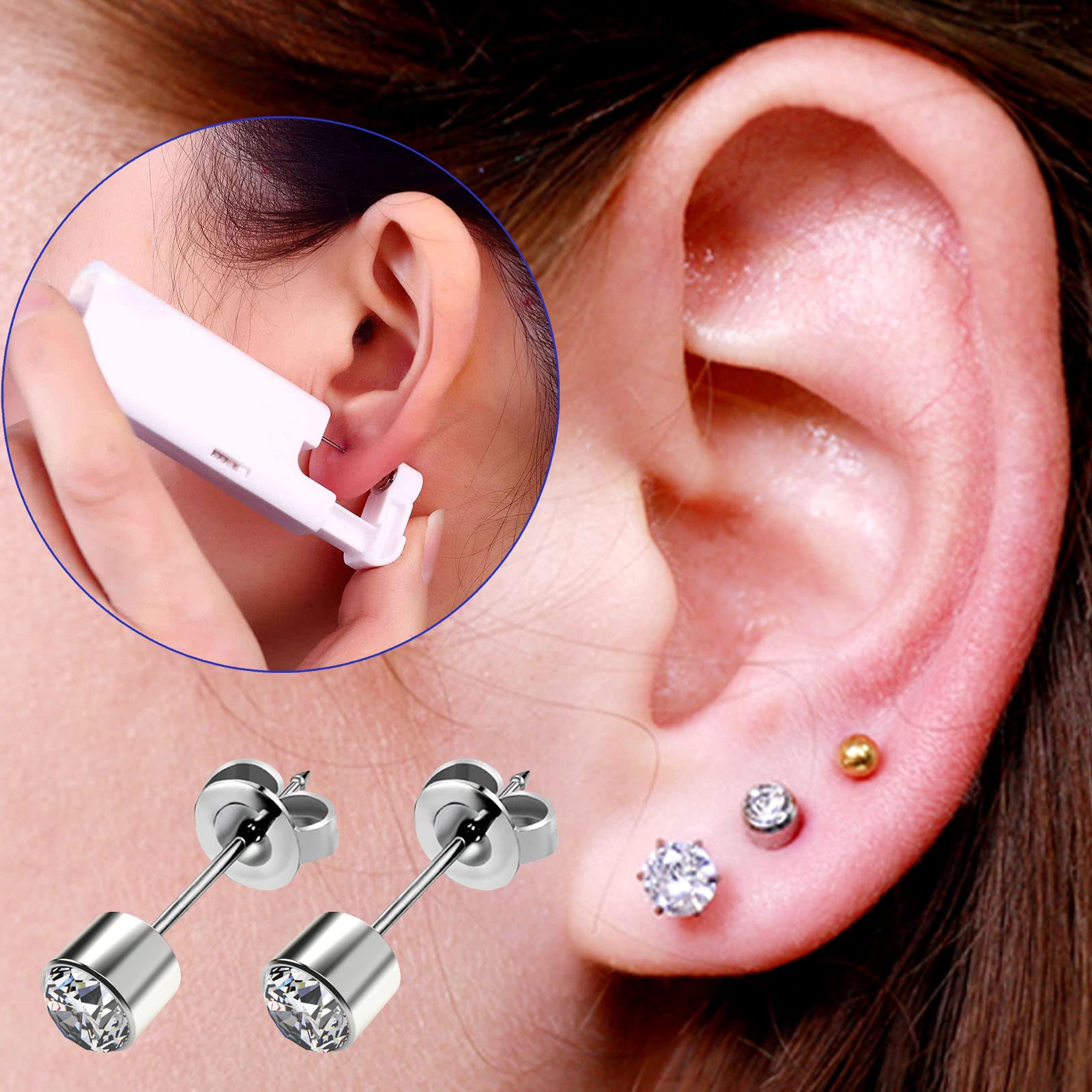 2Pcs Ear Piercing Kit Automatic and Painless Ear Nail Gun Disposable Aseptic Household Ear Piercing Gun Portable Ear Piercing Gun Group Ear Piercing Tools With Built-in 4mm Hypoallergenic Ear Studs