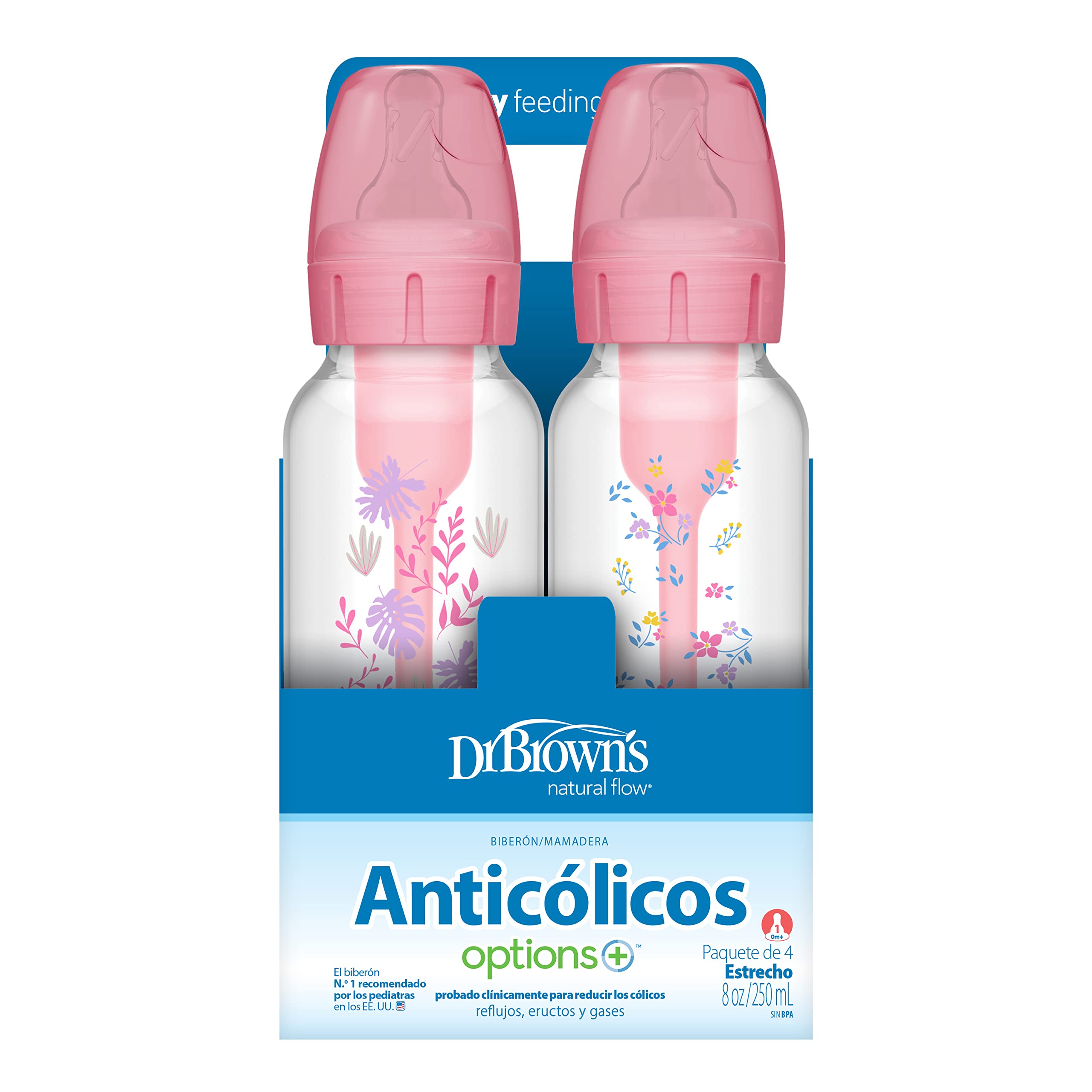 Dr. Brown's Natural Flow Anti-Colic Options+ Narrow Baby Bottles, Floral Designs, 8oz/250mL, with Level 1 Slow Flow Nipples 4-Pack, Pink, 0m+