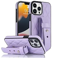 Back Case Cover Case Compatible with iPhone 14 Pro,Luxury Shockproof Quilted Leather Case with Adjustable Wrist Strap Stand Compatible with Women Full Body Protective Phone Case Protective Case ( Colo
