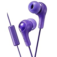 PURPLE GUMY In ear earbuds with stay fit ear tips and MIC. Wired 3.3ft colored cord cable with headphone jack. Small, medium, and large ear tip earpieces included. JVC GUMY HAFX7MV