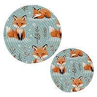 Cartoon Fox Round Cotton Trivets Stylish Absorbent Coaster Set Pot Holders Drink Coasters for Boho Home Bar Decor-2Pcs