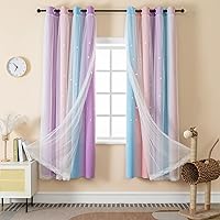 Girls Curtains for Bedroom 63 Inches Long 2 Panels Set Stripe Rainbow Curtains for Girls Room Decor Double Layer Star Colorful Blackout Curtains Pink Purple Princess Room Curtains, W34 x L63