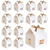 Treat Boxes,Bakery Boxes,Cookie Containers, House Shaped Gift Boxes 12 PCS Cookie Box with Bow Ribbons Kraft Paper Biscuit Boxes for Birthday Xmas Party Supplies White