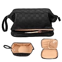 Abiudeng Makeup Bag,Double Layer Cosmetic Bag,Travel Essentials Makeup Bag,Leather Makeup Bag, Cosmetic Travel Bags,Portable Leather Toiletry Bag,Roomy Cosmetic Bag for Women and Girls(Black grid)