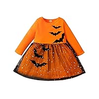 Toddle Girls Halloween Tutu Dress Kids Bat Printed Long Sleeve Tulle A-line Dress for Holiday