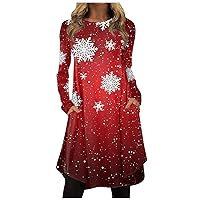 Winter Dress Plus Size Women's Fashion Irregular Plaid Snowman Print Round Neck Long Sleeve Dress