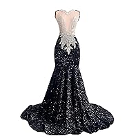 Sleeveless Black Sequins Mermaid Evening Dress Crystal Pageant Celebrity Dress Church Train Prom Gowns