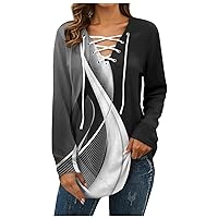 FYUAHI Women's Tunics Tops Fall Long Sleeve Atmospheric, Fashionable, Loose Fitting Casual Printed V-Neck Long Sleeved Top