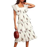 Summer Ruffle Dress for Womne Lace Tiered Short Sleeve Boho Floral Print Valentines Day Chiffon Party Midi Dress