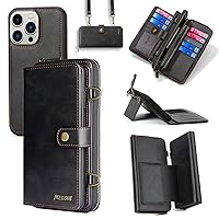 Misscase Compatible with iPhone 13 Pro Max Wallet Case 2021,Multi-Function Wallet Case,2 in 1 Detachable Magnetic Wallet Case with Card Holder,PU Leather Flip Cover with Lanyard,13 Card Slots,Black