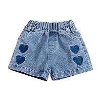 Girls Under Shorts Color Embroidered Love Print Elastic Waistband Denim Shorts with Pockets Girls Sporty Clothes